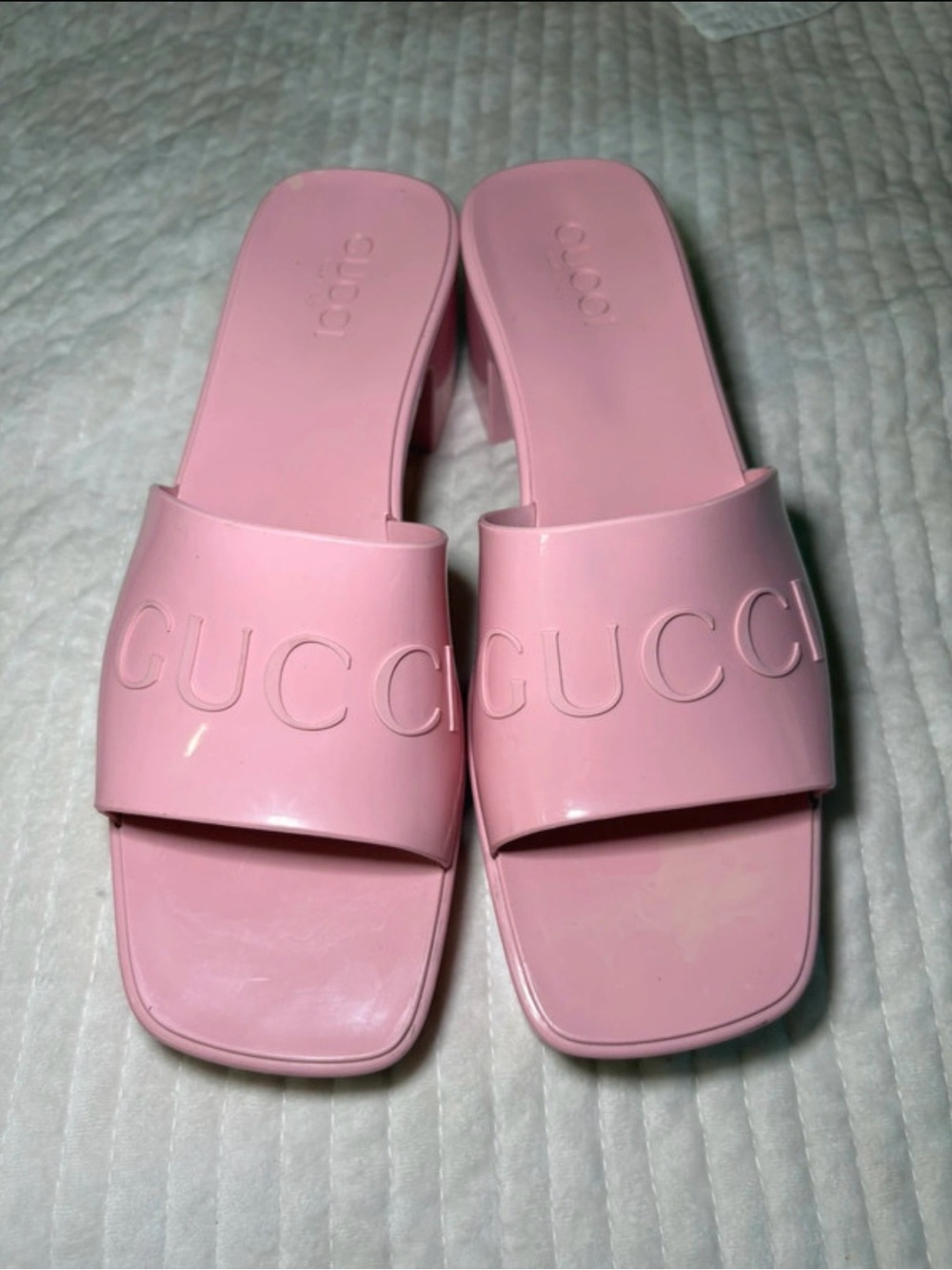 Gucci Rubber Platform Sandals Womens 40/9 Pink Block Heel Mules Slides Shoes